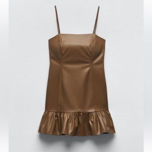 Zara Brown Faux leather ruffle dress XS New without tags